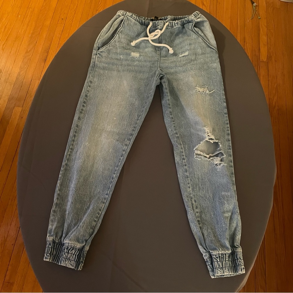 Indigo Rein Light Denim distressed and elastic tie up jeans. Xs.